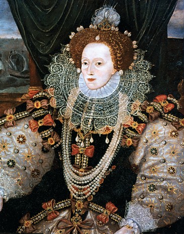A painting of Queen Elizabeth I with an elaborate ruff, dress and jewellery.
