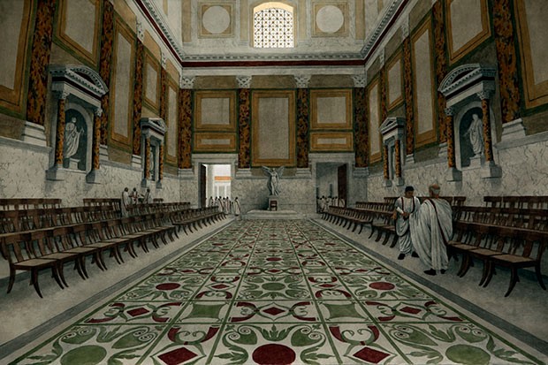 An artist’s impression of the Curia Julia, Rome’s senate house, completed in 29 BC, and (top) its ancient bronze door. Though the senate continued to administer the empire under Augustus, he would ultimately operate the levers of power. (Photo by British Museum)