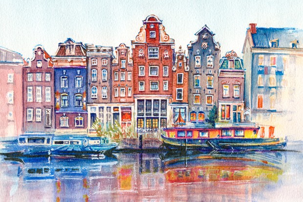 Watercolour illustration of Amsterdam