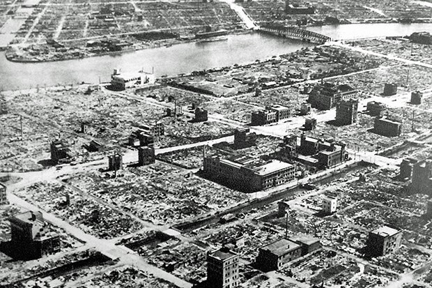 A landscape in the aftermath of US Air Force firebombing of Tokyo in March 1945