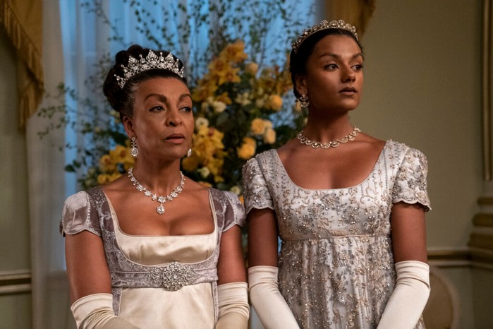 Adjoa Andoh as Lady Danbury, Simone Ashley as Kate Sharma in an episode Bridgerton