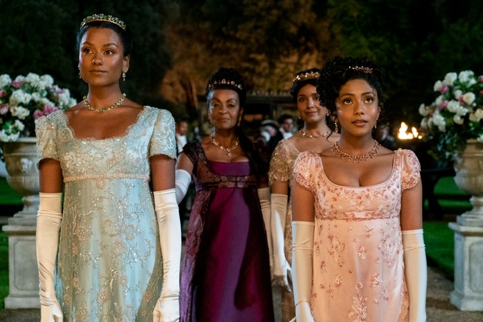 Simone Ashley (left) as Kate Sharma, accompanied by Adjoa Andoh as Lady Danbury (centre left), Shelley Conn as Mary Sharma (centre right), Charithra Chandran as Edwina Sharma (right) in series two of Bridgerton