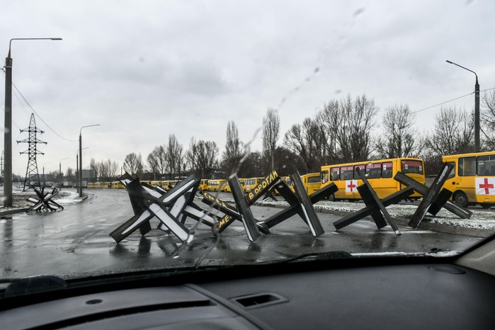 Anti-tank obstacles known as Czech hedgehogs in the Ukrainian city of Zaporizhzhia