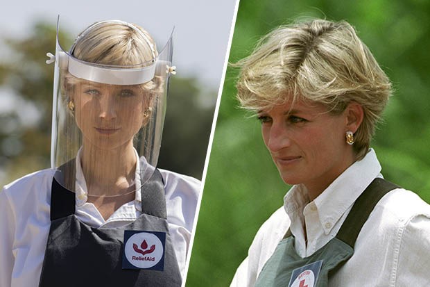 Elizabeth Debicki as Diana, Princess of Wales in 'The Crown' (left) and Princess Diana touring an