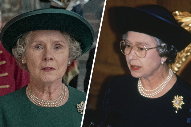 Imelda Staunton as Queen Elizabeth II in The Crown, and the real Queen Elizabeth II