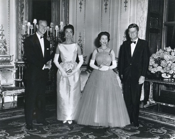 The Kennedys at Buckingham Palace with Queen Elizabeth II and Prince Philip, during a banquest held in the president's honour, 1961. (Photo by Photoquest/Getty Images)