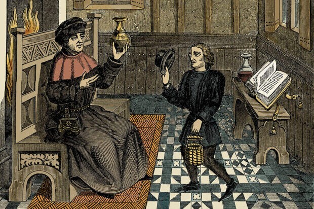 The interior of a doctor's house. This illustration is from a reproduction of a miniature from 'Epistre de Othea' by Christine de Pisan, a 15th century manuscript.