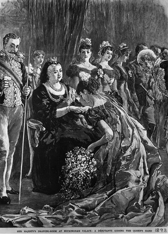 1893: A debutante kisses the hand of Queen Victoria (1819 - 1901) during her presentation in the drawing room at Buckingham Palace, London. Original Publication: The Graphic - pub. 1893 (Photo by Hulton Archive/Getty Images)
