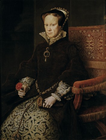 A painting of Queen Mary I wearing a dark-coloured coat and a French hood, sat on a red chair.