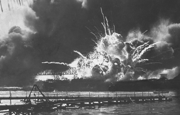 Destroyer USS Shaw exploding during early morning air attack by Japanese on Pearl Harbor on the island of Oahu, near Honolulu. (Photo by Time Life Pictures/US Navy/The LIFE Picture Collection/Getty Images)