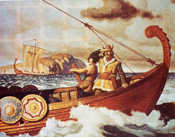 Vikings depicted wearing horned helmets