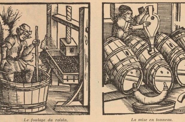 Farm workers treading grapes (left) and using a bellows on a cask of wine (right). Original Artwork: Two engravings from the 'Livre des Profits Champetres et Ruraux' by Pierre de Crescens.