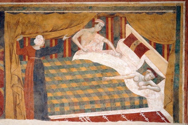 An illustration depicting a married couple retiring to their bed. This is from a 1306 fresco in the Palazzo Comunale, San Gimignano, Italy.