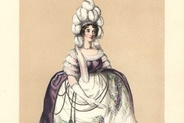 A drawing of a Georgian woman in a wide dress and a towering wig