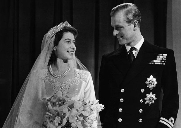 Princess Elizabeth, later Queen Elizabeth II with her husband Phillip, Duke of Edinburgh, on their wedding day.