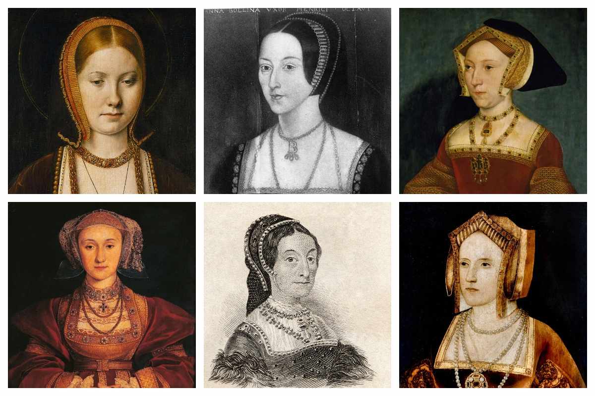 Top, left to right: Catherine of Aragon, Anne Boleyn, Jane Seymour. Bottom, left to right: Anne of Cleves, Catherine Howard, Katherine Parr.