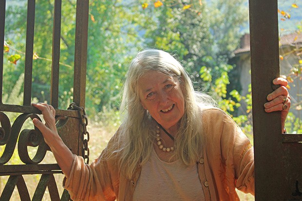 A photo of Mary Beard, smiling and looking towards the camera, standing between open gates.