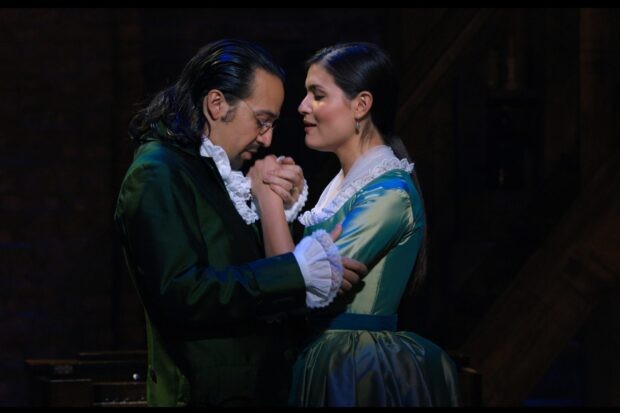 Lin-Manuel Miranda and Phillipa Soo as Alexander and Eliza Hamilton