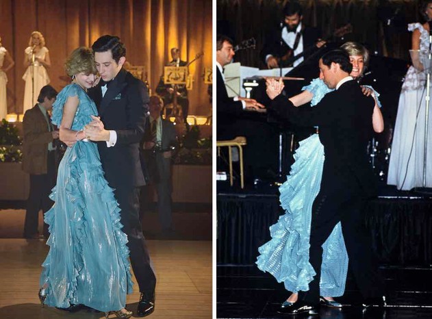 Charles (Josh O'Connor) and Diana (Emma Corrin) in 'The Crown', left; and the real royal couple dancing in Sydney