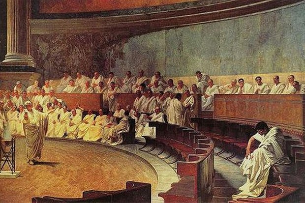 A 19th-century painting shows Cicero denouncing a conspiracy to overthrow the republic in the Roman senate. Corruption and the rapid expansion of the empire were among the challenges that buffeted the republic over its history.