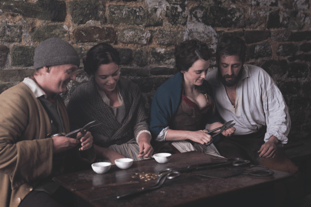 (l-r): Thomas Turgoose, Charlotte Ockelton, Sophie McShera and Michael Socha star as members of the Hartley clan in BBC Two series The Gallows Pole (Photo by BBC Pictures)