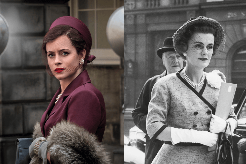 Claire Foy as the Duchess of Argyll in A Very British Scandal (left); Margaret Campbell, Duchess of Argyll (right)