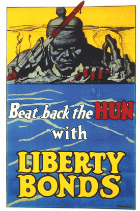 Anti-German propaganda with the caption: 'Beat back the HUN with LIBERTY'.