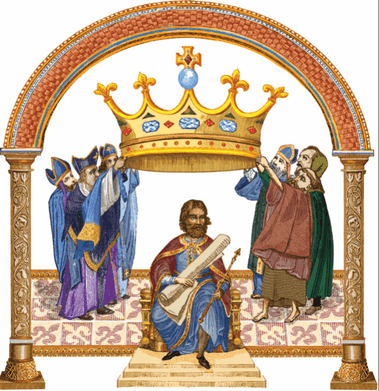 Illustration of a stylised king under a crown, which is supported by nobles and religious figures
