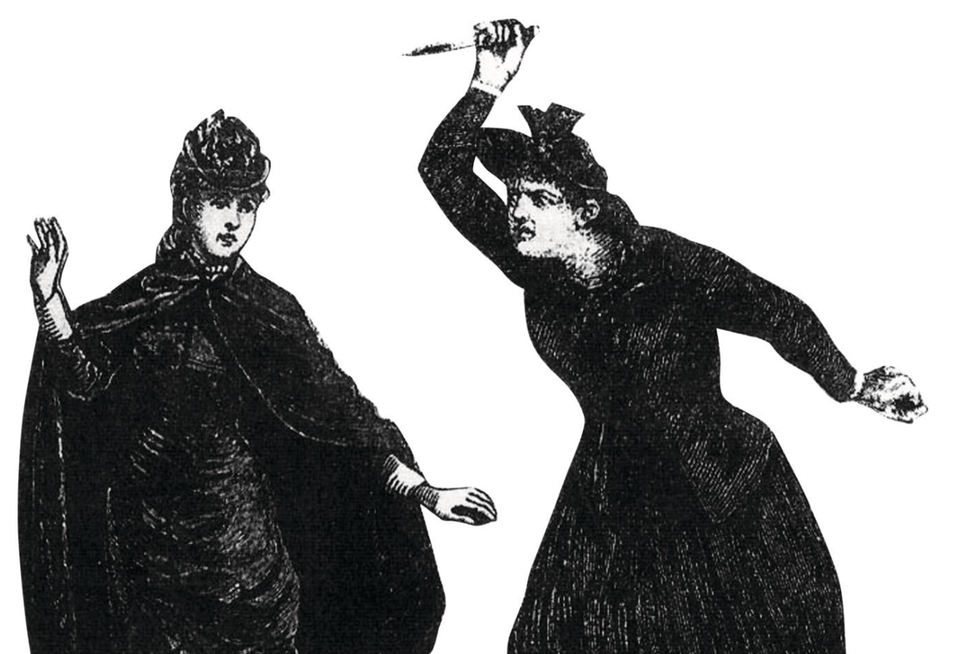 Alice Mitchell stabs her lover, Freda Ward, to death, shown in a contemporary illustration. A court declared that the killing was an act of insanity.